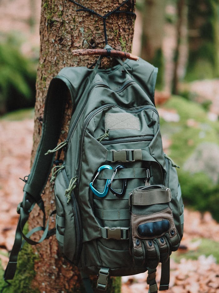 A green hiking backpack with gloves hangs from a tree in a forest setting.